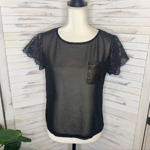 TED BAKER LONDON Sheer Chiffon Lace T-Shirt Blk 1
